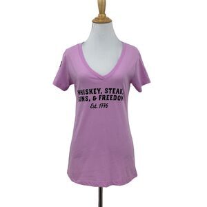 Patriot Crew Tee Womens M Lilac V Neck Whiskey Steak Guns & Freedom Short Sleeve